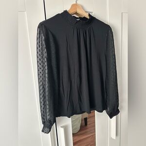 J. Crew Black Top Swiss Dot Sleeve Smocked Neck Blouse Women’s Medium